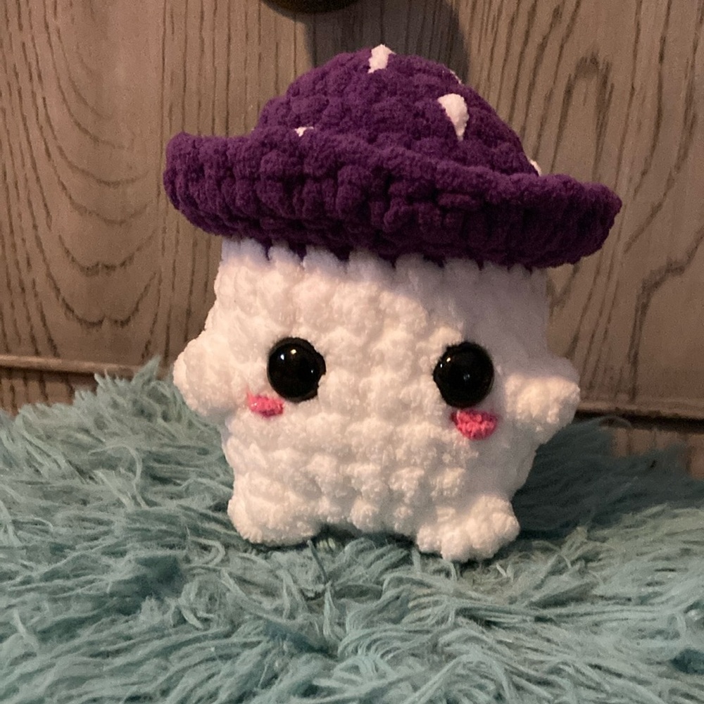 Handmade crochet Cute White Plush with Purple Hat